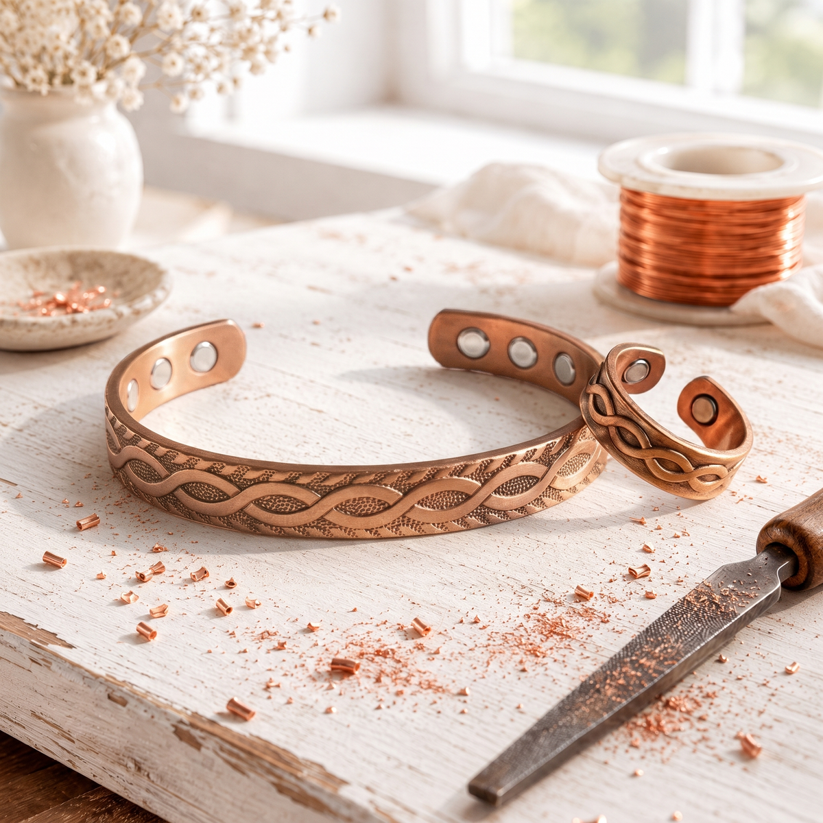 Sæt med kobberarmbånd og ring